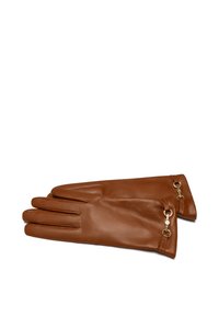 Brown leather gloves featuring a smooth texture, a classic design, five fingers, and gold-tone hardware accents at the wrist.