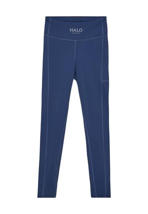 Mørkeblå atletiske leggings lavet af elastisk materiale, med en bred talje og kontraststikninger. Inkluderer en sidelomme for nemhed.