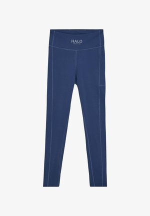 Navy blue athletic leggings made of elastic material, featuring a wide waistband and contrasting stitching. Includes a side pocket for convenience.