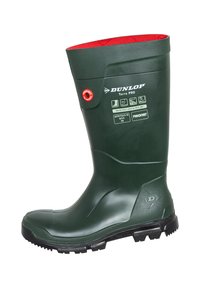 Green waterproof rubber boot with a red inner lining. Features textured surface, reinforced toe, and deep tread sole for traction.