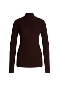 Brauner, gerippter Rollkragenpullover mit langen Ärmeln. Verfügt über strukturierte, vertikale Streifen und ein figurbetontes Design. Weiches Strickmaterial.