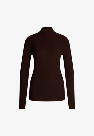 Brauner, gerippter Rollkragenpullover mit langen Ärmeln. Verfügt über strukturierte, vertikale Streifen und ein figurbetontes Design. Weiches Strickmaterial.