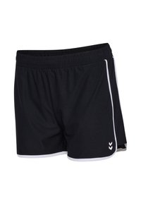 Black athletic shorts with white side stripes and contrasting cuffs. Features an elastic waistband and a small logo on the hem.