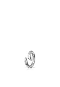 Orecchino a forma di anello in argento con una finitura liscia e lucida. Presenta un design attorcigliato e un piccolo accento, riflettendo la luce in modo sottile.
