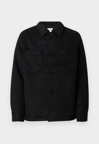 Sort knapjakke lavet af en uldblanding. Har krave, to brystlommer og en lige kant. Glat tekstur, klassisk design.