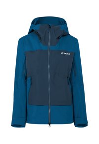 Blue waterproof jacket with a hood, featuring a zip front, chest pocket, and side pockets. Made from durable, textured fabric with contrasting panels.