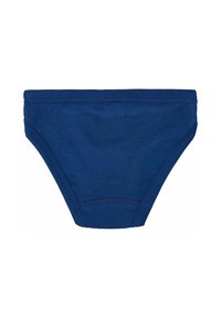 Slip di cotone blu navy con una texture morbida, cintura elastica e cuciture rinforzate; design a vita bassa e senza motivi o dettagli.