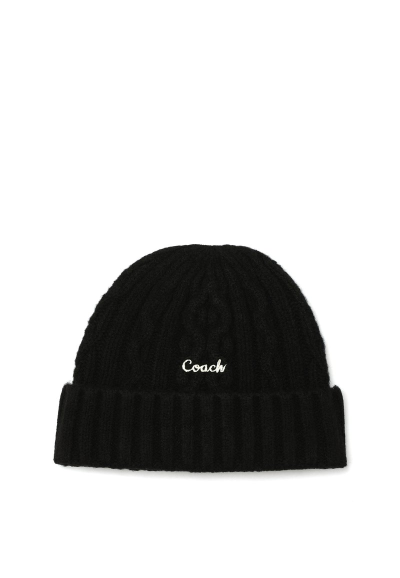 Black knitted beanie with folded edge and white embroidered "Coach" logo on the front center.