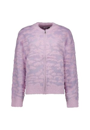 Fuzzy zip-up jack in licht lavendel met een gestructureerd patroon. Heeft een ronde halslijn en lange mouwen, wat zorgt voor een zachte, gezellige uitstraling.