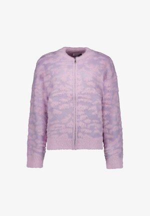 Fuzzy zip-up jack in licht lavendel met een gestructureerd patroon. Heeft een ronde halslijn en lange mouwen, wat zorgt voor een zachte, gezellige uitstraling.