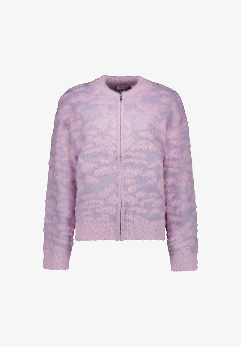 Fuzzy zip-up jack in licht lavendel met een gestructureerd patroon. Heeft een ronde halslijn en lange mouwen, wat zorgt voor een zachte, gezellige uitstraling.