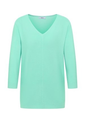 Muntgroene geribbelde gebreide trui met V-hals en driekwartmouwen, met het label "Cecil" aan de binnenkraag.