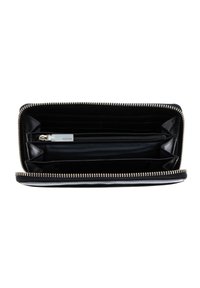 Portefeuille en cuir noir avec un design à glissière tout autour, comportant plusieurs emplacements pour cartes, une poche zippée et une doublure intérieure lisse.