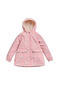 Impermeable infantil rosa con capucha, cierre de cremallera en el frente, dos bolsillos con solapa, puños elásticos y un patrón de unicornios, arcoíris y estrellas.