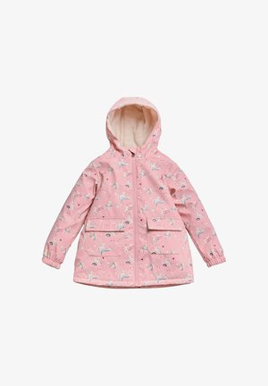 Impermeable infantil rosa con capucha, cierre de cremallera en el frente, dos bolsillos con solapa, puños elásticos y un patrón de unicornios, arcoíris y estrellas.