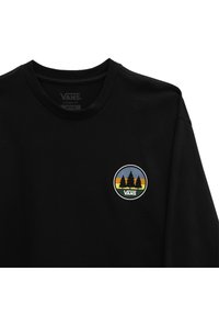T-shirt a manica corta nera di Vans in fit classico, con colletto rotondo, caratterizzata da un piccolo logo circolare con tre pini su strisce di tramonto a sinistra sul petto.