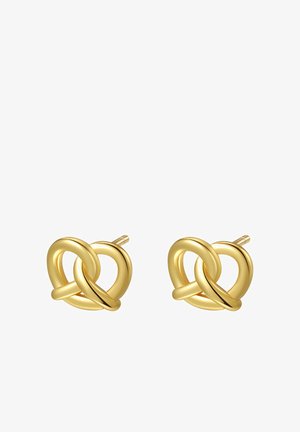 Pendientes de aro en forma de nudo de oro con un acabado pulido. Presentan lazos entrelazados que reflejan la luz, con un diseño de respaldo simple.