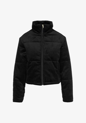 Fekete kordbársony dzseki magas gallérral, cipzáros záródással és párnázott részekkel, texturált bordázott felülettel és hosszú ujjakra.