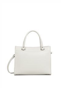 Borsa a mano bianca in pelle con manici doppi, tracolla regolabile, texture liscia e design minimalista. Presenta accenti hardware sottili.