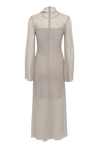 Long, beige dress with long sleeves, sheer patterned fabric, high neck, and back zipper. Flared bottom with a subtle slit at the hem.