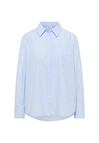 Camicia a righe blu chiaro con chiusura a bottoni, colletto, taschino singolo sul petto, maniche lunghe, orlo arrotondato e sottili righe di accento arancioni.