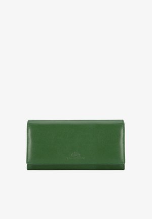 Billetera de cuero verde con textura suave, forma rectangular y detalle de logotipo grabado en la parte frontal. Cierra con una solapa.