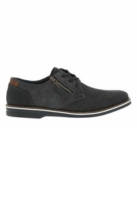 Zapato negro con cordones, elaborado con materiales mixtos: cuero liso y tela texturizada. Cuenta con una cremallera lateral, suela blanca y un acento marrón en el talón.