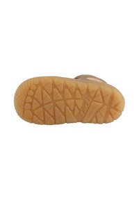 Suola di scarpa barefoot in gomma marrone con un motivo testurizzato e antiscivolo che presenta forme diagonali e triangolari; dettagli del logo del marchio in rilievo.
