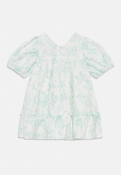 Lys grøn kjole med blomsterprint, puffærmer, v-halsudskæring og flæsekant. Fremstillet af blødt stof med en glat tekstur. Lynlås lukning i ryggen.
