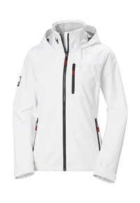 Chaqueta impermeable blanca con cremallera negra y acentos rojos. Cuenta con un alto cuello, capucha ajustable y dos bolsillos laterales con cremallera.