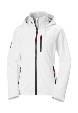 Chaqueta impermeable blanca con cremallera negra y acentos rojos. Cuenta con un alto cuello, capucha ajustable y dos bolsillos laterales con cremallera.