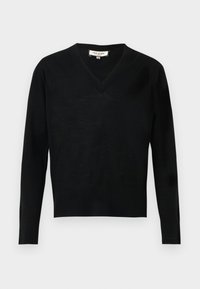 Μαύρο μακρυμάνικο πουλόβερ με V-λαιμόκοψη, με ριμπ μανσέτες και τελείωμα, ετικέτα που γράφει "Paul & Joe", σε απλό φωτεινό φόντο.