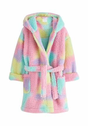 Blød, fluffy badekåbe med hætte, bælte og lommer i pastel regnbuefarver inklusive pink, blå, gul og lilla.