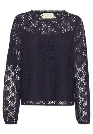 Marineblå bluse med blonde, lange ærmer, blomstertryk, scallop-udskæring og løs pasform. Har et mærke med brandnavnet Kaffe.