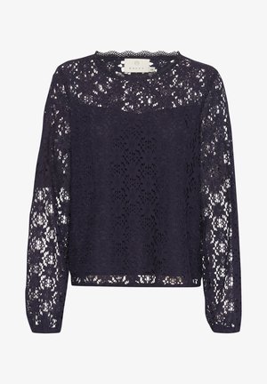 Top din dantelă bleumarin, cu mâneci lungi, model floral, decolteu zimțat și croială lejere. Are o etichetă cu numele brandului Kaffe.