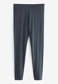 Leggings grigi scuri realizzati in tessuto liscio ed elasticizzato, con vita alta e gambe svasate senza cuciture o motivi visibili.