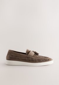 Brown leather slip-on shoe with woven detailing, rounded toe, and white rubber sole. Smooth texture with a minimalist design.