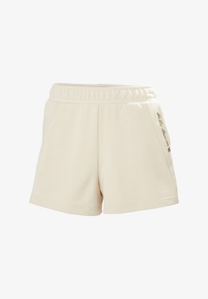 Crème-kleurige shorts van zachte stof, met een elastische tailleband, twee zijzakken en geborduurd logo-detail aan de voorkant.