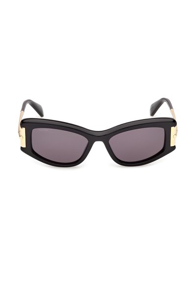 Black rectangular sunglasses with dark lenses and gold accents on the temples, shown from the front on a white background.