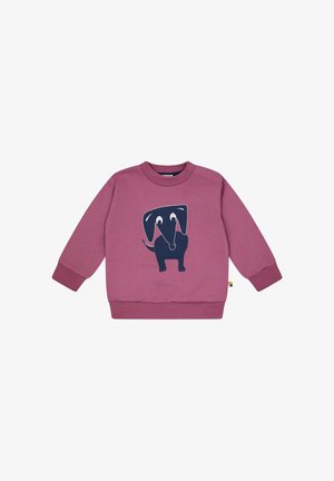 Roze katoenen sweater met lange mouwen, voorzien van een donkerblauw cartoonhondontwerp op de voorkant. Inclusief drukknoopsluitingen op de schouder voor gemakkelijk aan- en uittrekken.