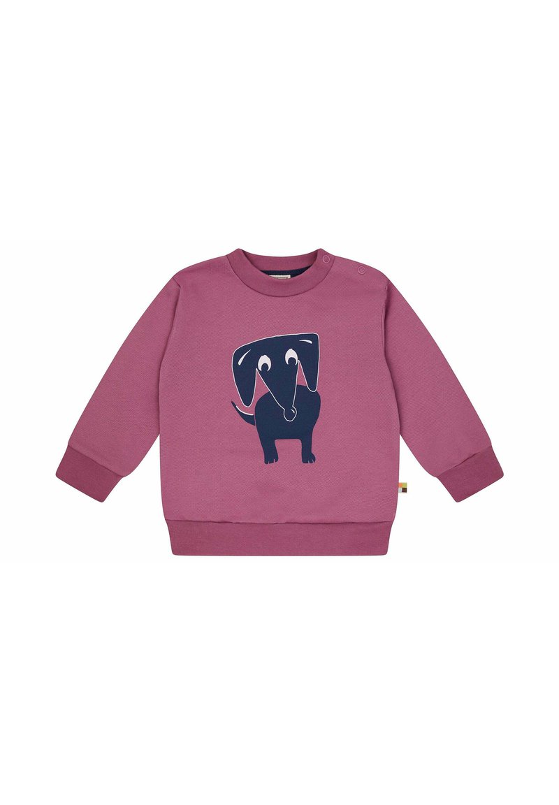 Felpa in cotone rosa con maniche lunghe, con un design di un cane cartoon blu scuro sulla parte anteriore. Include bottoni a pressione sulla spalla per una vestibilità facile.