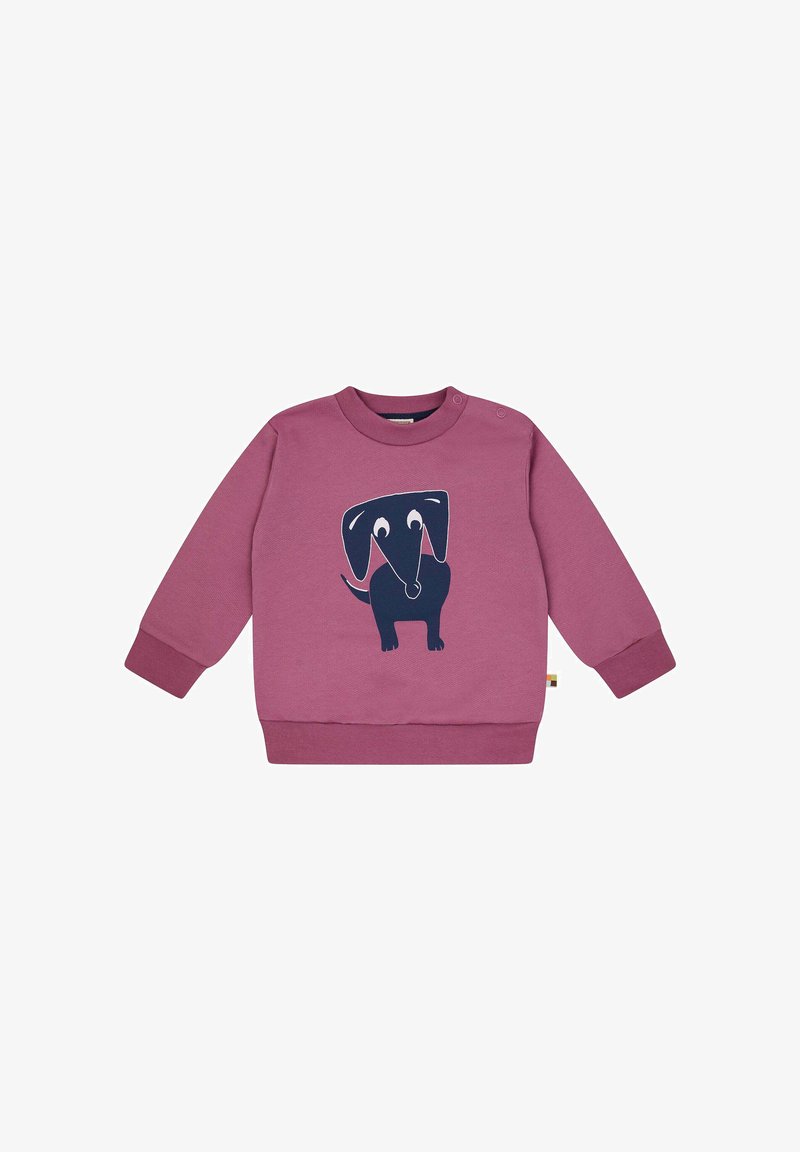 Felpa in cotone rosa con maniche lunghe, con un design di un cane cartoon blu scuro sulla parte anteriore. Include bottoni a pressione sulla spalla per una vestibilità facile.