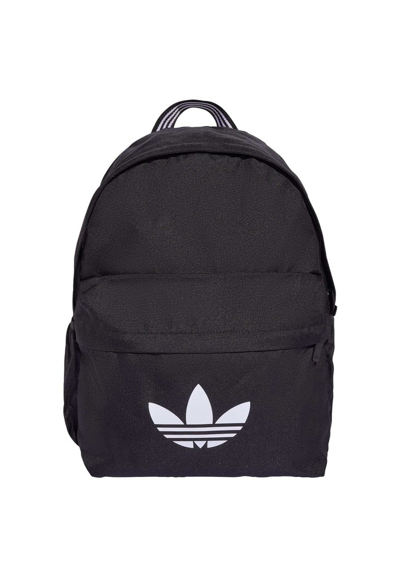 Black fabric backpack with a rounded shape, featuring a white three-stripe logo on the front and a zippered front pocket. Adjustable straps.