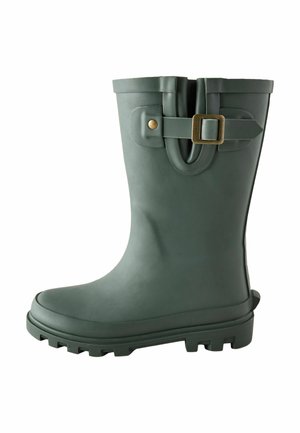 Dark green rubber rain boot with a decorative buckle strap and thick treaded sole, shown from the side on a white background.