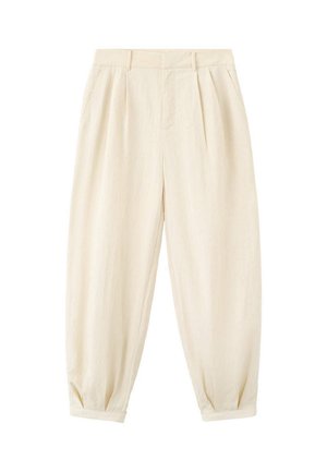 Pantalon fuselé taille haute couleur crème avec plis à l’avant, poches latérales et ourlets retournés.