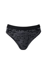 Czarny welurowy string z gładką fakturą, szerokim, czarnym elastycznym paskiem w talii oraz klasycznym krojem.