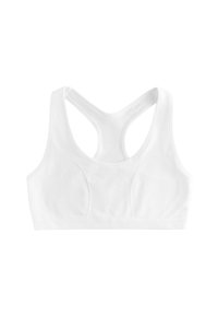 Biały stanik sportowy o eleganckim designie, z wycięciem w stylu racerback, wykonany z miękkiej, teksturowanej tkaniny oraz delikatnymi szwami podkreślającymi sylwetkę.