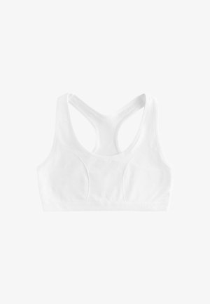 Top sportivo bianco con un design elegante, caratterizzato da uno stile a racerback, tessuto morbido e texture, e cuciture che seguono delicatamente le forme.