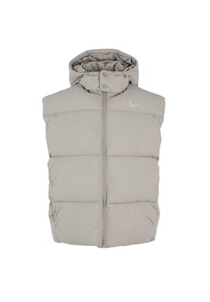 Light gray puffer vest with a high collar, zip front, and snap buttons. Features quilted design and logo detail on the chest.