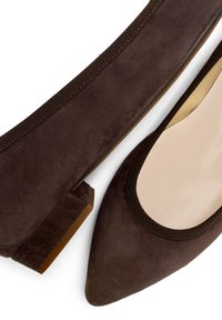 Scarpe basse in camoscio marrone con punta affusolata, bordo elastico e tacco basso a blocco; interno foderato in tessuto beige.